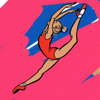 gymnast doing a leap in a leotard with a bent back leg
