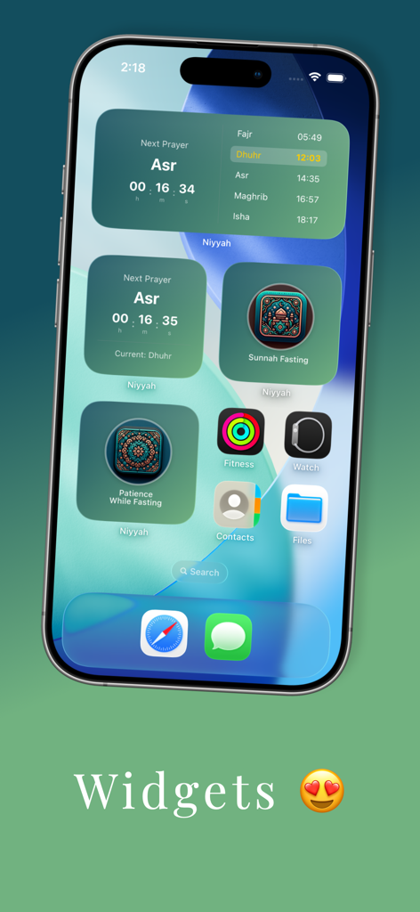 Niyyah Journey - Niyyah Journey app widgets for prayer times and fasting tracking on an iPhone home screen