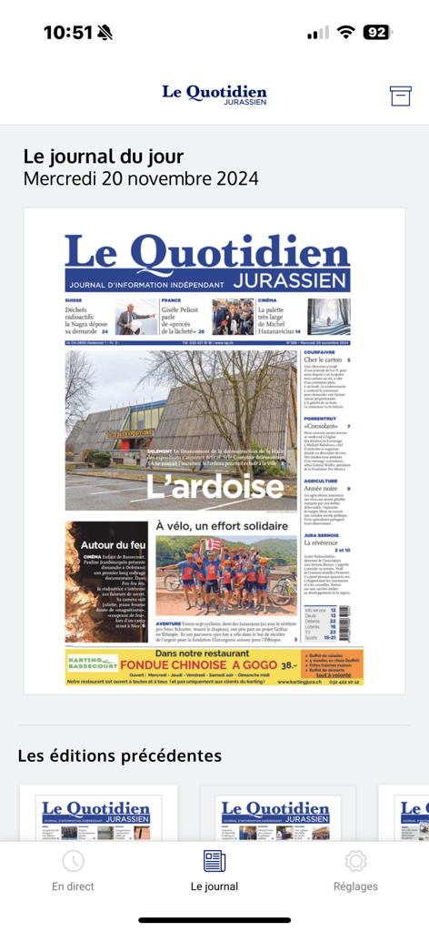 Le Quotidien Jurassien - Titelseite der täglichen Ausgabe in der Benutzeroberfläche der Nachrichten-App Le Quotidien Jurassien