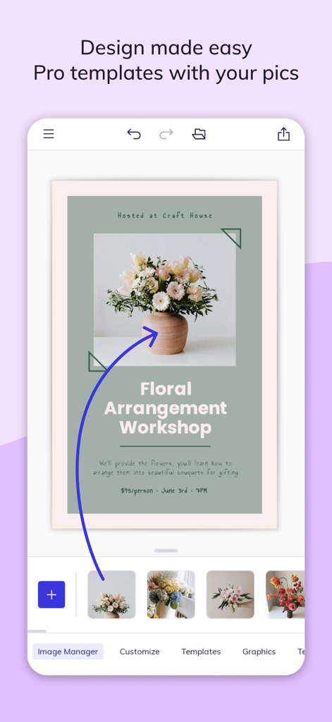 BeFunky - BeFunky 앱 인터페이스에서 꽃꽂이 워크숍 전단지 디자인 템플릿을 보여줌