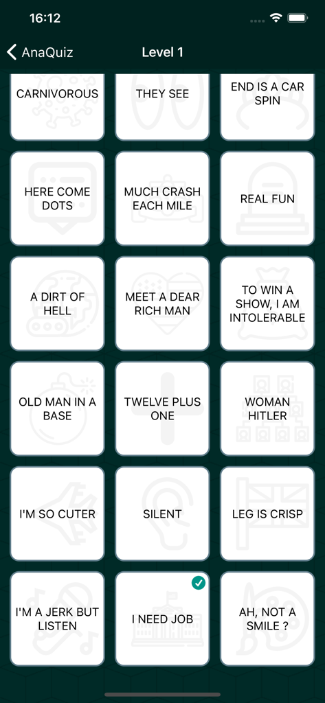Dingbats - Between the lines - A grid of various anagram word puzzles on white cards within the AnaQuiz game mode of the Dingbats app