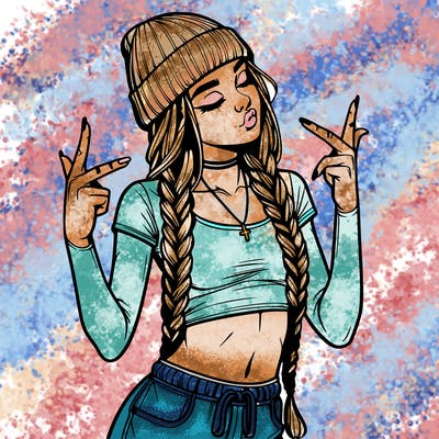 realistic teenage girl with braids and a beanie and crop top doing 🫶🏼