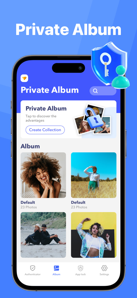 Interface of the Private Album feature in the Authenticator App showing secure photo collections and an encrypted vault graphic
