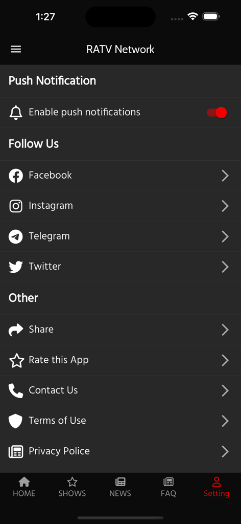 RATV Network - Settings screen of the RATV Network app featuring push notification controls, social media links, and app information.