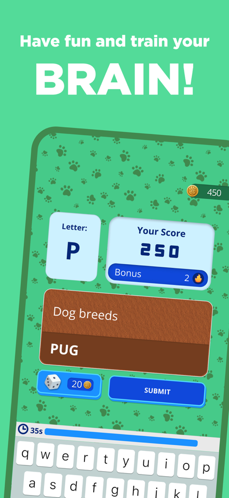 A screenshot of the Stop 2 word trivia game showing a dog breed category challenge with the letter P and the word PUG entered