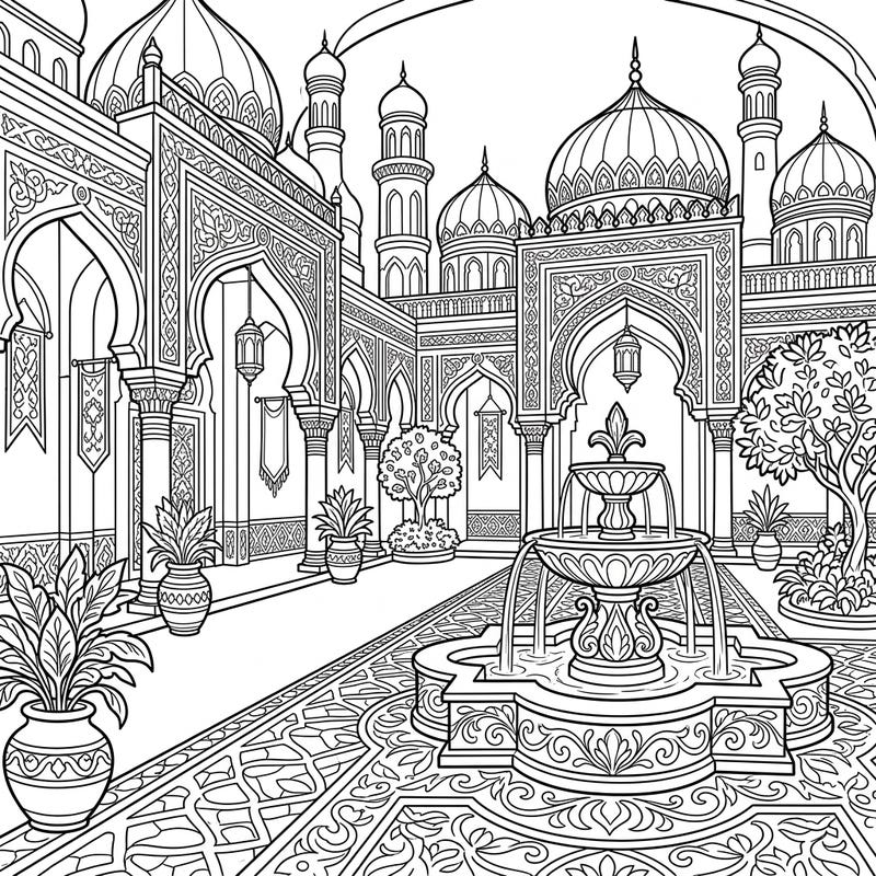 Step into a world of majestic beauty with this intricate palace courtyard coloring page. Designed specifically for teens, it features stunning architectural details, a tranquil fountain, and captivating patterns waiting for your artistic touch.