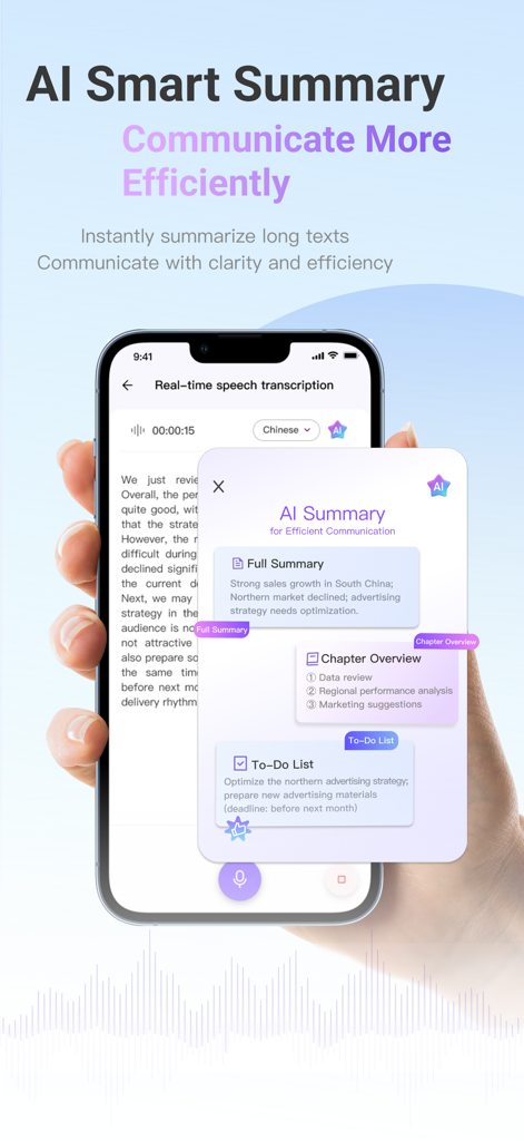 ViiTor Translateアプリのインターフェースがリアルタイムの音声文字起こしと、チャプター概要とToDoリスト付きのAIスマートサマリーを表示