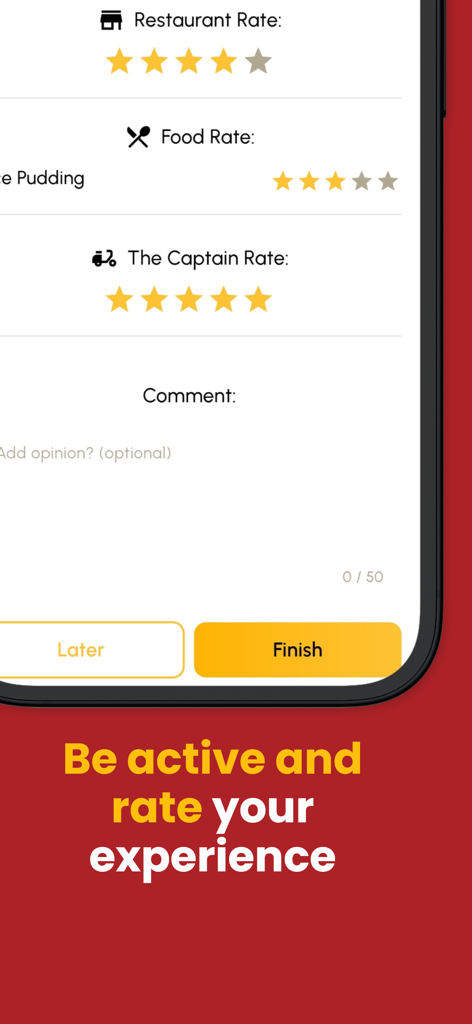 HurryApp | Food & more - Interface of the HurryApp rating screen where users can rate the restaurant, food, and delivery driver with stars and comments.