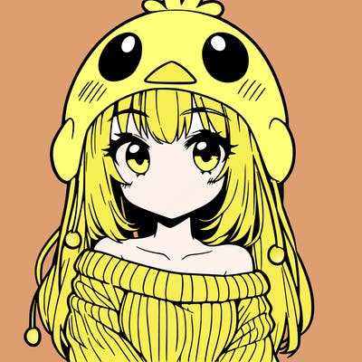 anime girl with chick shaped hat with sweater with bare shoulders with bangs covering them one eye with low tail