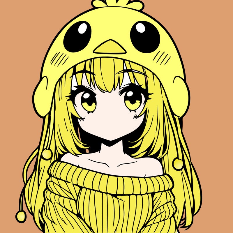 anime girl with chick shaped hat with sweater with bare shoulders with bangs covering them one eye with low tail