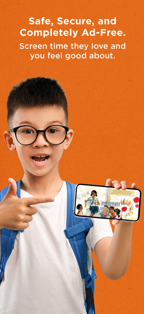 Skybrary – Kids Books & Videos - A smiling young boy with glasses and a backpack holding a smartphone that displays a children's book from the Skybrary app