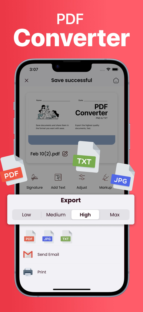 PDF AI: Reader & Translator - iPhone-Bildschirm, der PDF-Konverter-Exportoptionen mit hochwertiger Auswahl und Freigabefunktionen anzeigt