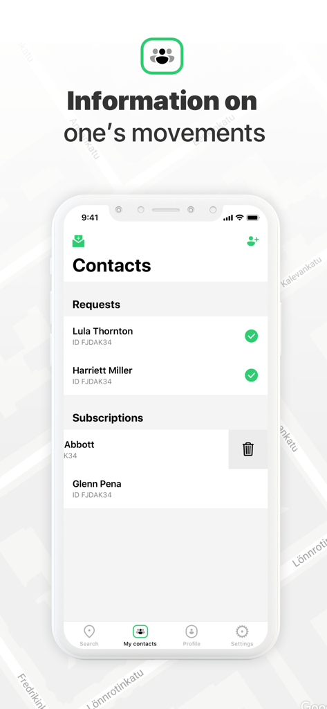 Interface do aplicativo Localizador de Amigos exibindo contatos e solicitações de rastreamento de localização.