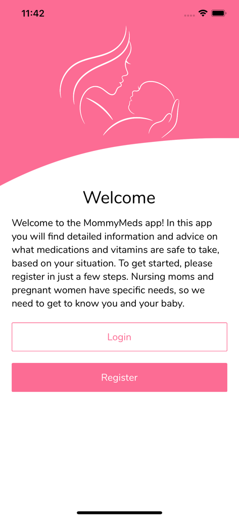 MommyMeds - MommyMeds app welcome screen featuring a mother and baby illustration with login and register buttons