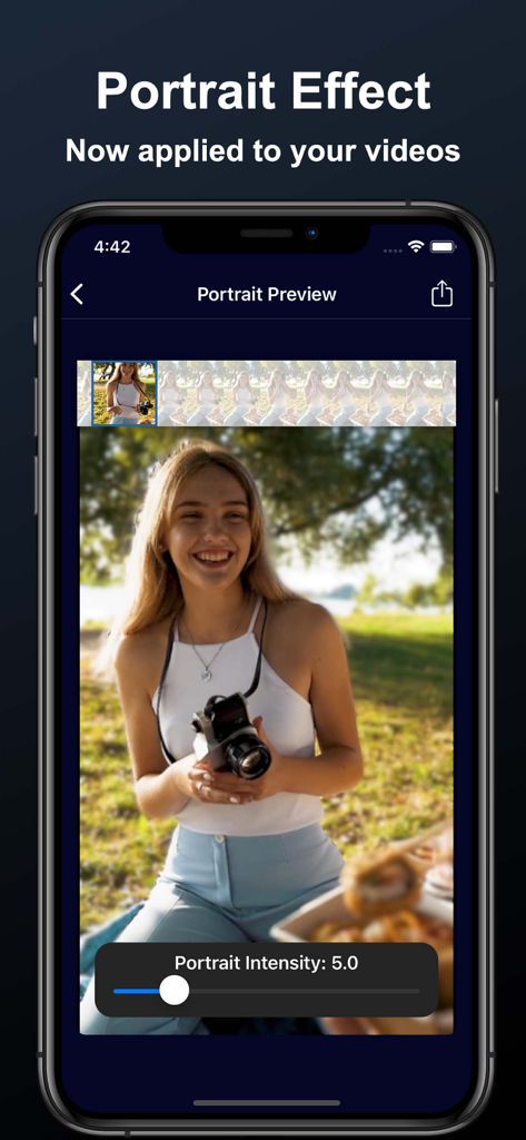 Portrait Video - Blurry Effect - iPhone screen showing the Portrait Video app interface with a cinematic blur effect applied to a video of a woman outdoors
