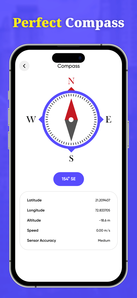 Change Location & Save GPS - Interface of a digital compass showing latitude longitude altitude and sensor accuracy data