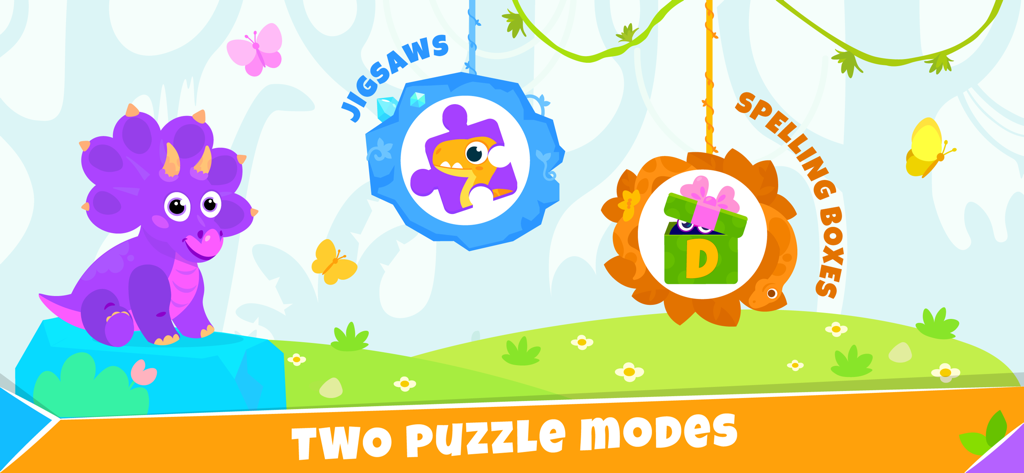 Preschool learning kids games - Preschool learning game showing jigsaw and spelling box modes with a purple dinosaur