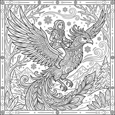 Soar into a world of magic with this Phoenix Rider coloring page, set amidst a breathtaking winter wonderland. This detailed design combines mythical fantasy with serene snowy landscapes, inviting you to add your own vibrant colors.