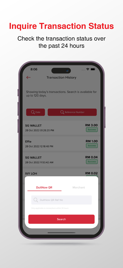 PB QR - PB QR app interface showing transaction history and search options for Malaysian merchant payments