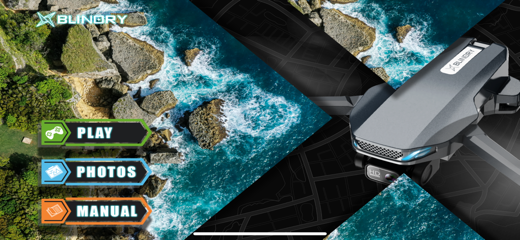 BLINORY GO drone control app home screen with play photos and manual buttons over a coastal aerial view