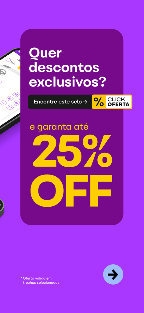 ClickBus app promotional screen offering a twenty five percent discount on bus tickets