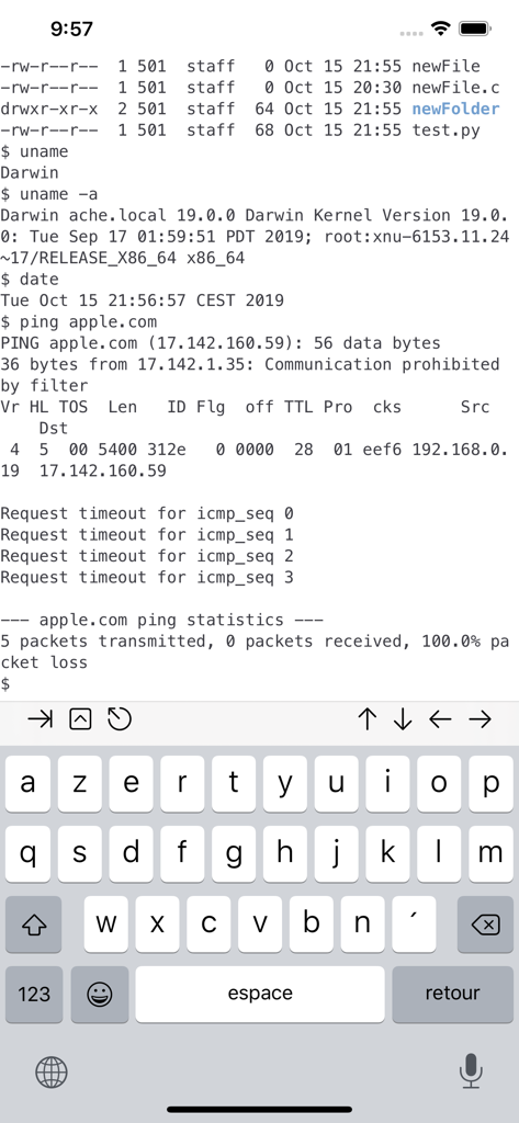 a-Shell - a-Shell app interface showing Unix terminal commands on an iOS device
