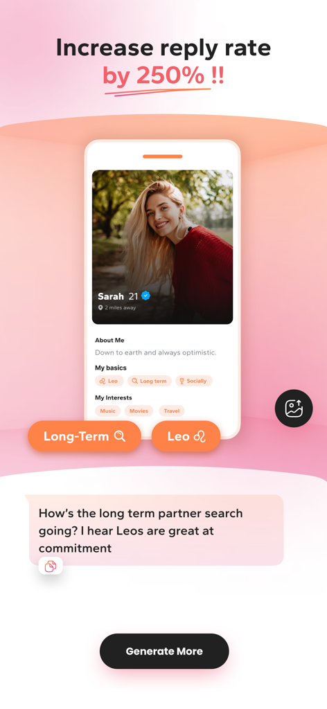 WingAI: Your AI Wingman - Interfaz de la aplicación WingAI generando un iniciador de citas personalizado a partir de una captura de pantalla de perfil para aumentar las tasas de respuesta
