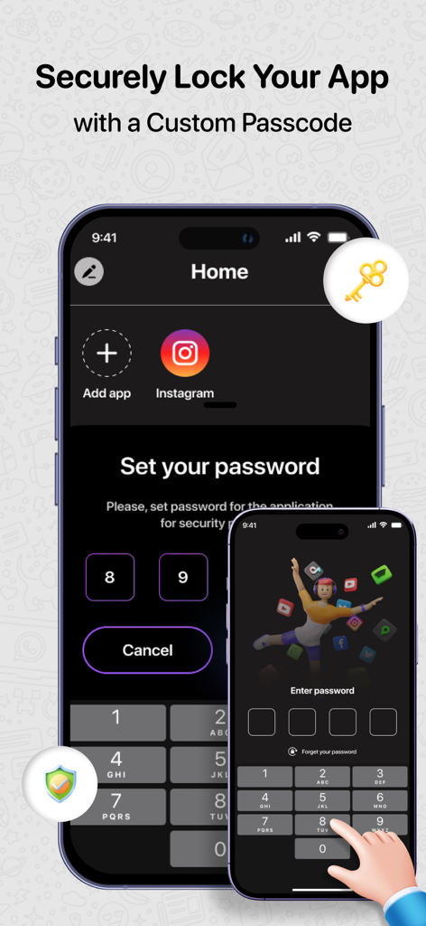 Dual Space & Parallel Accounts - InstagramやTikTokなどの複製されたソーシャルメディアアカウントをロックして保護するためのカスタムパスコード機能を表示するデュアルスペースアプリのインターフェイス