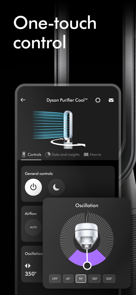 L'interface de l'application MyDyson affiche une commande tactile pour les réglages d'oscillation et de flux d'air du purificateur d'air.