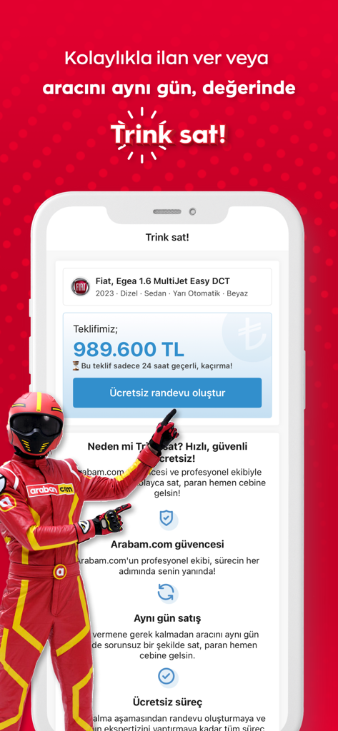 Arabam.com app screen showing the Trink Sat instant car selling feature with a mascot pointing to a free appointment button.
