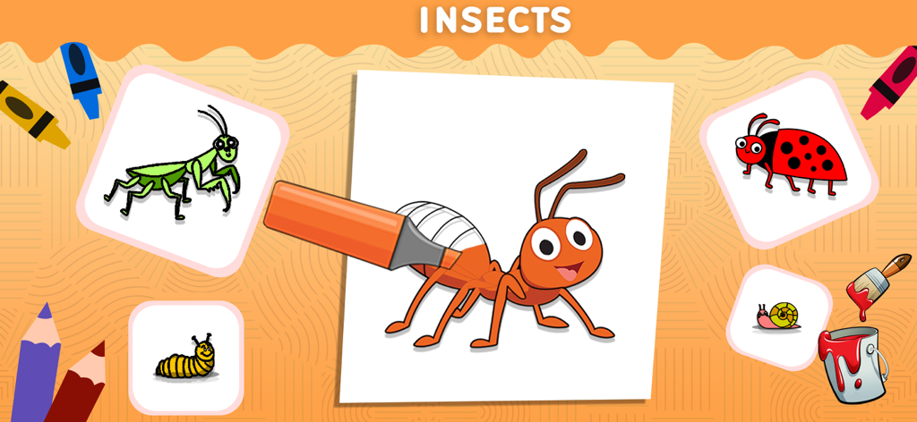 Animal Coloring Games for Kids - Un niño coloreando una hormiga de naranja en la sección de insectos de Juegos de Colorear Animales para Niños