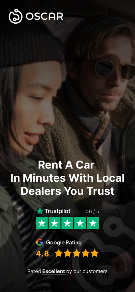 Oscar Car Rental - Oscar Car Rental app screen featuring two people in a car with a headline about renting from local dealers and high customer ratings