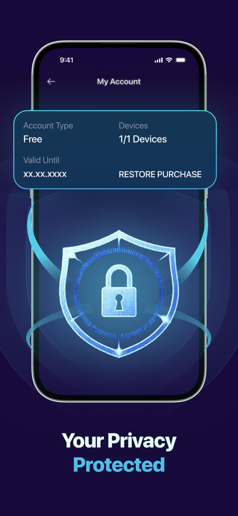 輝くセキュリティシールドと「プライバシー保護中」のテキストが表示されたSecure VPNアプリを示すスマートフォンの画面。