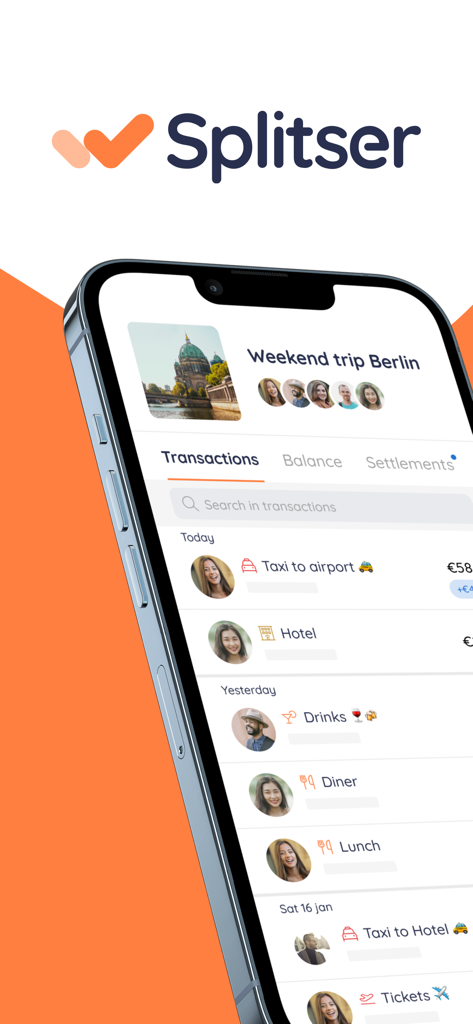 Splitser app screen displaying a transaction list for a group trip to Berlin