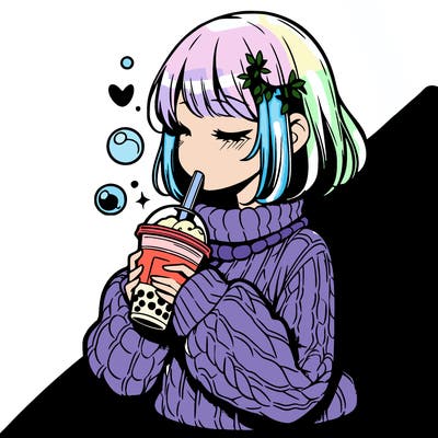 manga girl drinking boba in cozy sweater