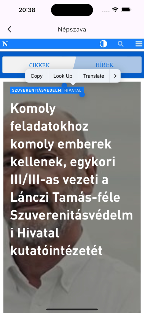 Nepszava app screen showing a news article in Hungarian with a headline and background image