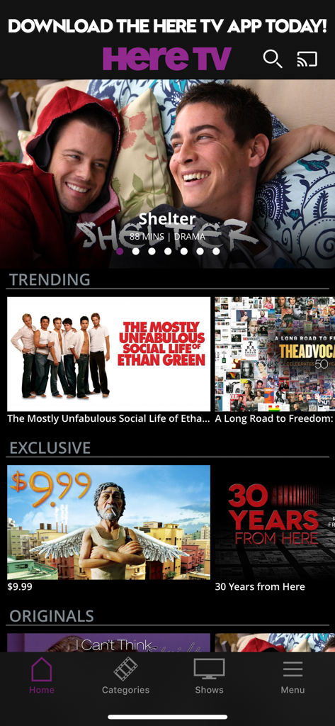 Here TV mobile app interface displaying LGBTQ plus movies and series in trending and exclusive sections.