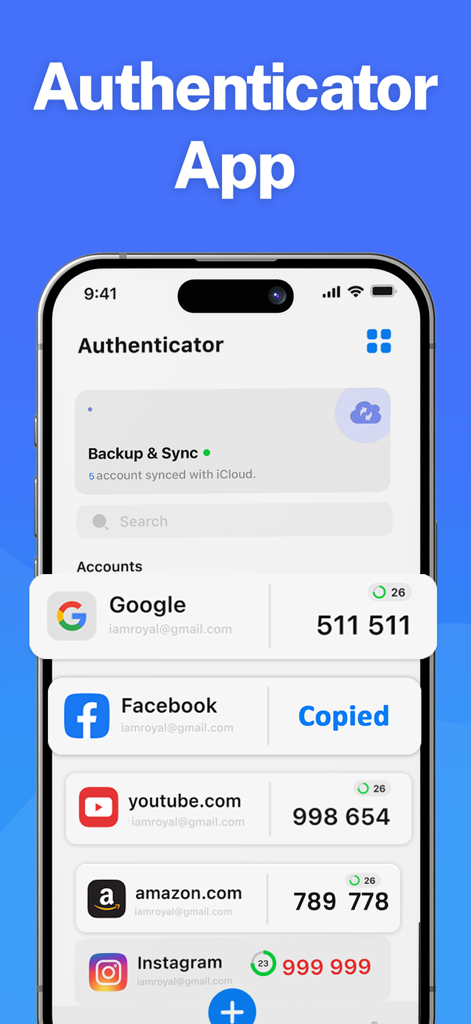 Interface de l'Application Authentificatrice sur un iPhone affichant les codes 2FA pour plusieurs comptes, y compris Google et Facebook, avec le statut de synchronisation iCloud