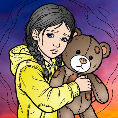 a realistic girl that’s  hugging a old teddy bear
