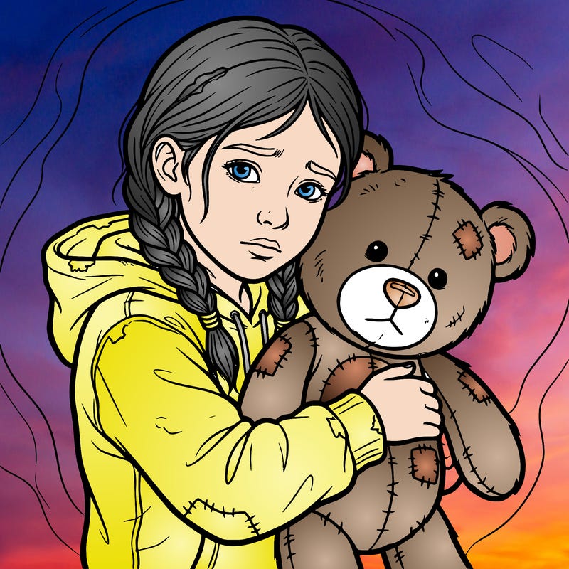 a realistic girl that’s  hugging a old teddy bear