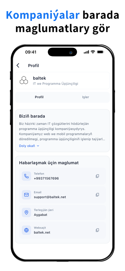 asman: Iş Tap - Uma tela de perfil de empresa no aplicativo de busca de empregos asman exibindo detalhes de negócios e informações de contato para uma empresa de TI no Turcomenistão