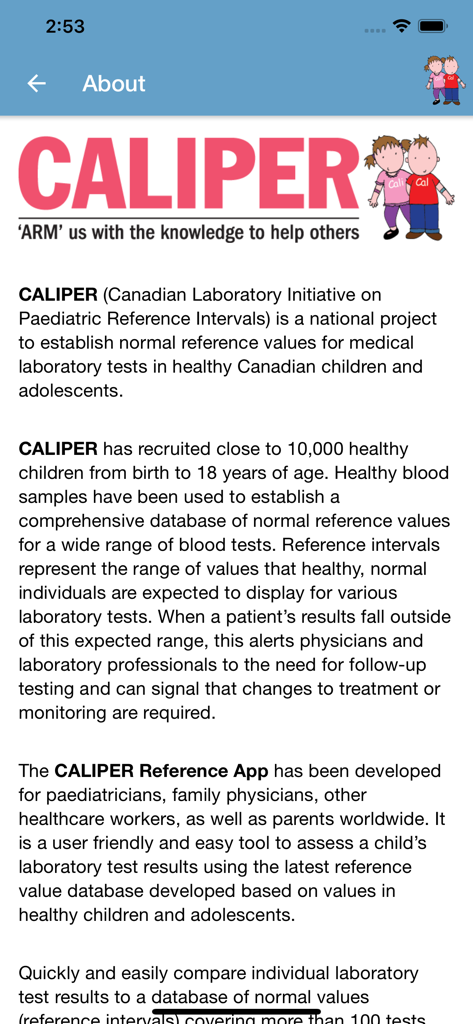 CALIPER App - Pantalla Acerca de de la app CALIPER que explica la base de datos Canadian Laboratory Initiative on Paediatric Reference Intervals.