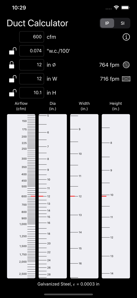 Duct Calculator app interface showing airflow and dimension sliders for HVAC professionals