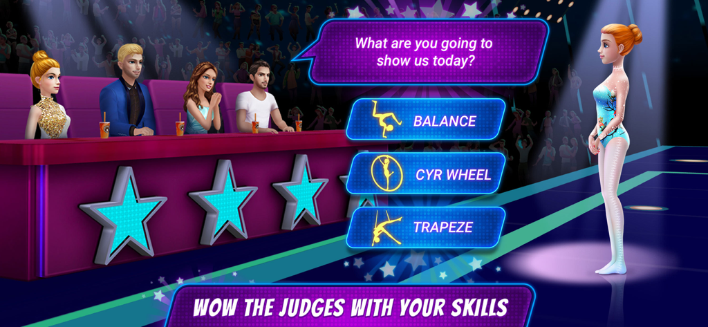 A girl acrobat on a talent show stage facing four judges with performance options for balance cyr wheel and trapeze.