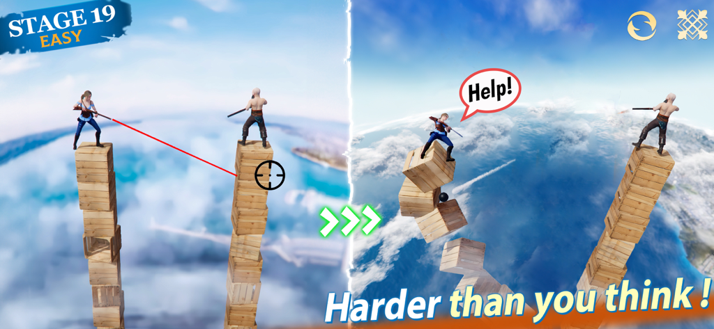 A physics-based shooting level in Stormshot showing a character aiming a rifle at enemies on tall stacks of boxes.