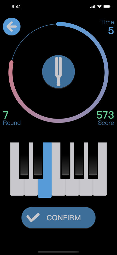 Perfect Pitch. - A musical note recognition screen in the Perfect Pitch app featuring a piano keyboard and score tracking.
