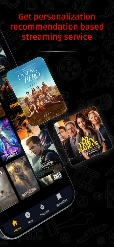 MovieX - Movie & TV Show - La aplicación MovieX mostrando recomendaciones de películas personalizadas basadas en servicios de streaming con pósteres de películas populares y una barra de navegación inferior.