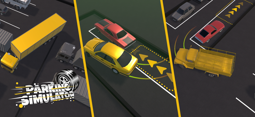 3D Car Parking Driving School - Three panels showing different vehicles performing parking maneuvers in a 3D simulation game