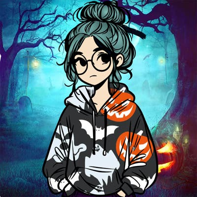 teen girl with a messy bun and glasses wearing a loose hoodie and jeans