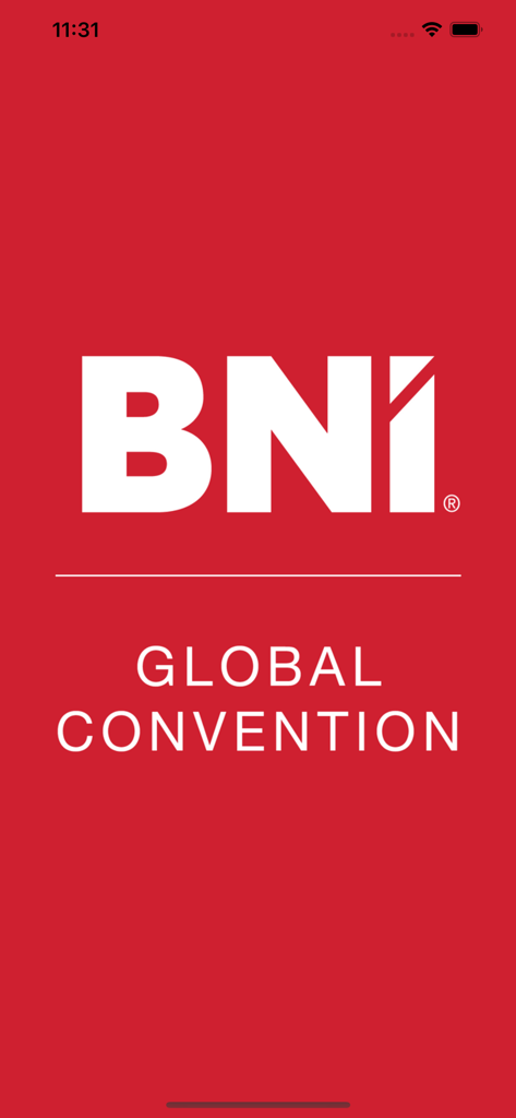 BNI Global Events - BNI Global Events app splash screen featuring the BNI logo and Global Convention text on a red background